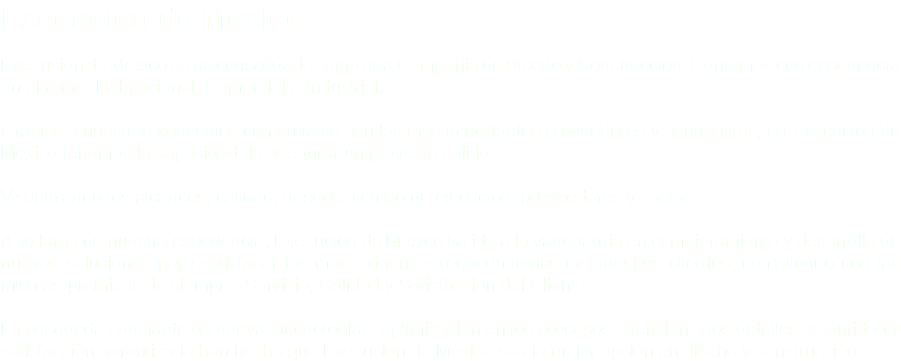 Execucion de México Execucion de México se ha consolidado como una Compañia de Diseño y Construcción, Contamos con experiencia en el ramo: Habitacional, Comercial e Industrial. Gracias a nuestros convenios comerciales con los más importantes proveedores y contratistas, en Execucion de México tenemos la capacidad de asegurar un proyecto sólido. Visualizando los alcances, calidad, riesgos, tiempo de ejecución, proveedores y costos. A lo largo de nuestra experiencia, Execucion de México ha ido a la vanguardia en el mejoramiento y desarrollo de nuevas soluciones para satisfacer los más exigentes requerimientos de nuestros clientes, cumpliendo con las mismas premisas de siempre: Servicio, Calidad y Satisfacción del Cliente. La busqueda constante de nuevas tecnologías, optimización en los procesos, atención a los detalles, seguridad y satisfacción garantizada han hecho que Execucion de México sea la mejor opción en diseño y construcción.